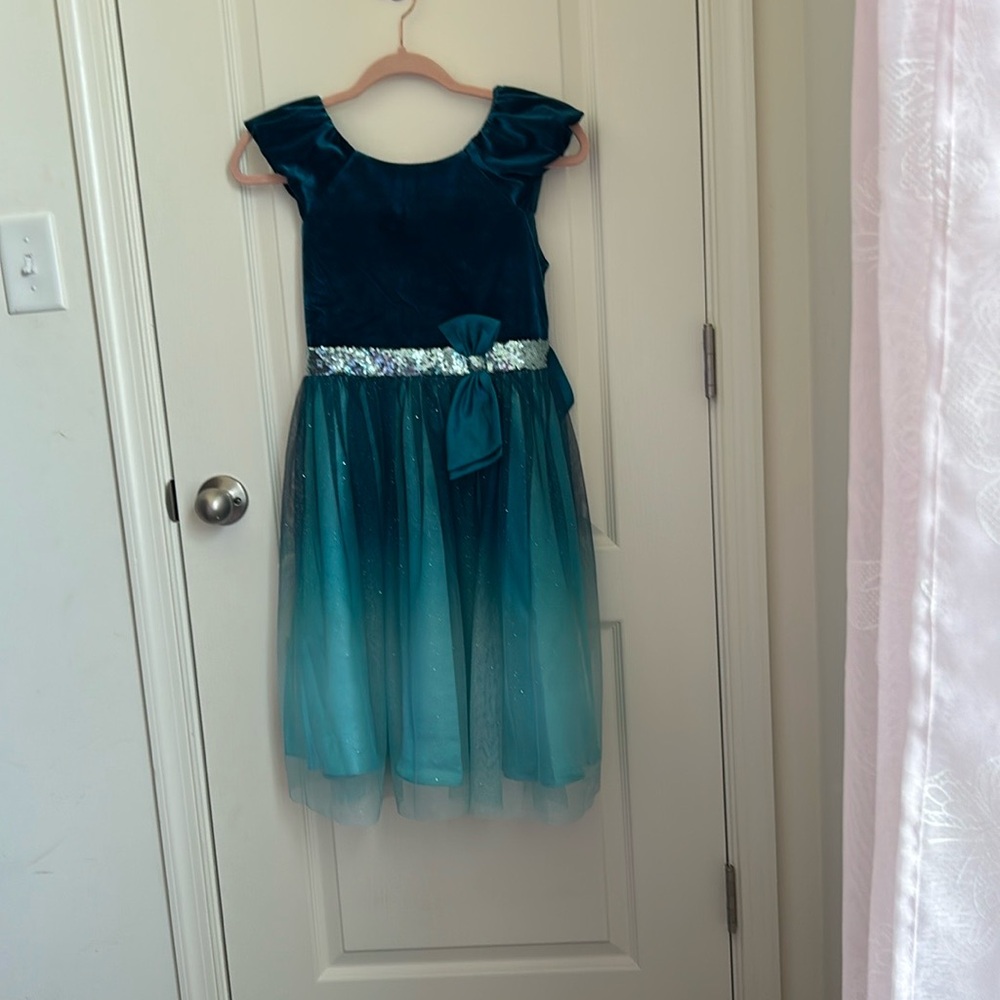 Jona Michelle Kids Girls Dress Size 12 Teal Velvet Sparkle Tulle Party